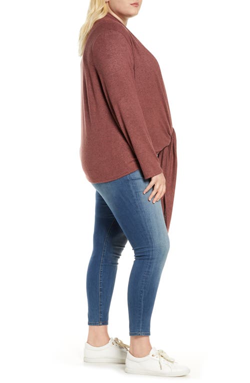 Loveappella Multi Wear Tie Front Draped Cardigan In Raisin