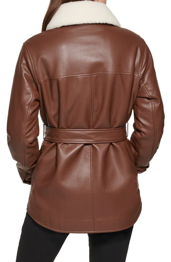 Kenneth Cole Faux Leather Tie Belt Shacket With Removable Faux Shearling Collar In Chocolate