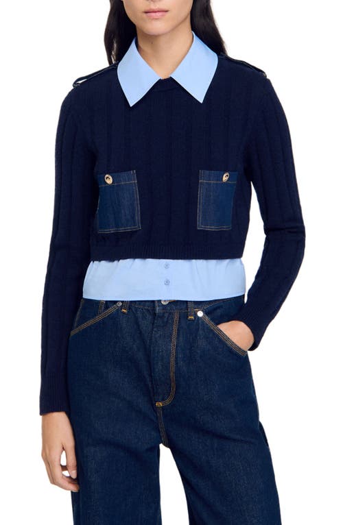 Shop Sandro Cropped Wool And Cashmere Sweater In Navy Blue