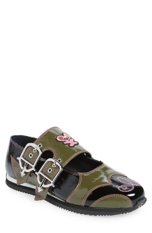 Chopova Lowena Doris Buckle Flat in Green And Black 