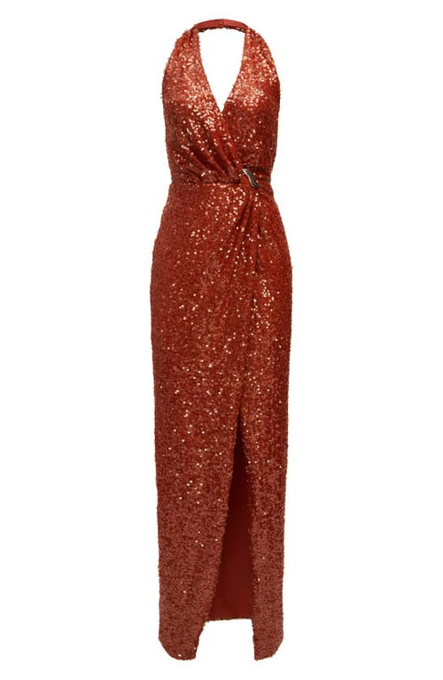 HALSTON HALSTON SVETLANA FOIL SEQUIN HALTER GOWN