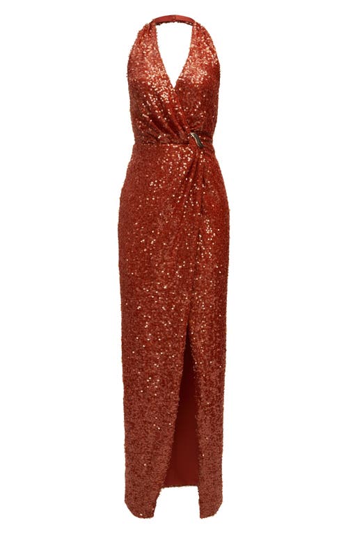 Shop Halston Svetlana Foil Sequin Halter Gown In Rooibos