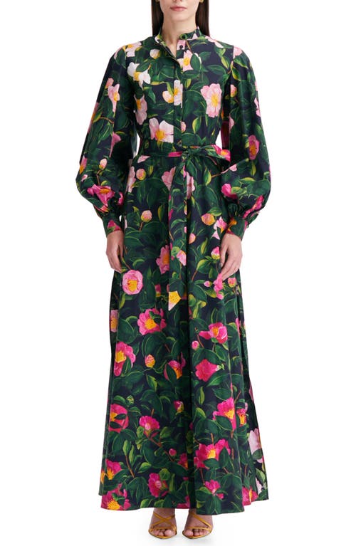 Shop Oscar De La Renta Camellia Print Belted Long Sleeve Shirtdress In Green/pink/navy