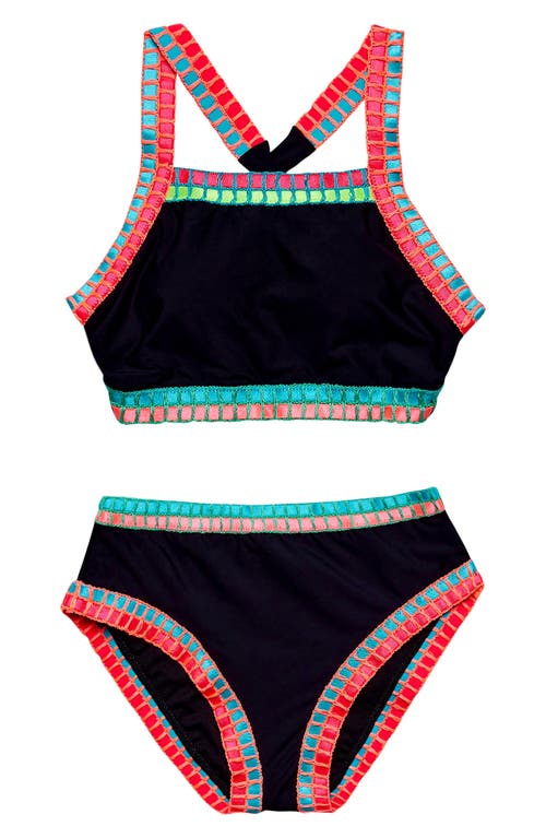 Beach Lingo Kids' Embroidered Trim Two-Piece Swimsuit Black at Nordstrom,