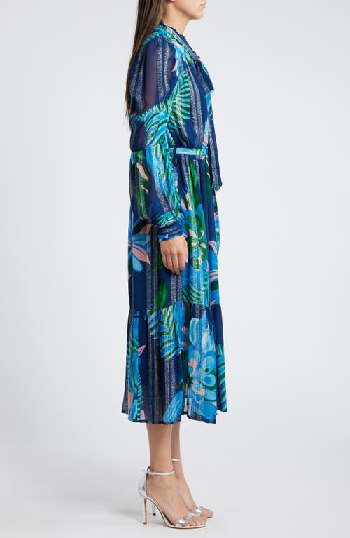 Shop Ciebon Adele Metallic Long Sleeve Midi Dress In Blue Multi