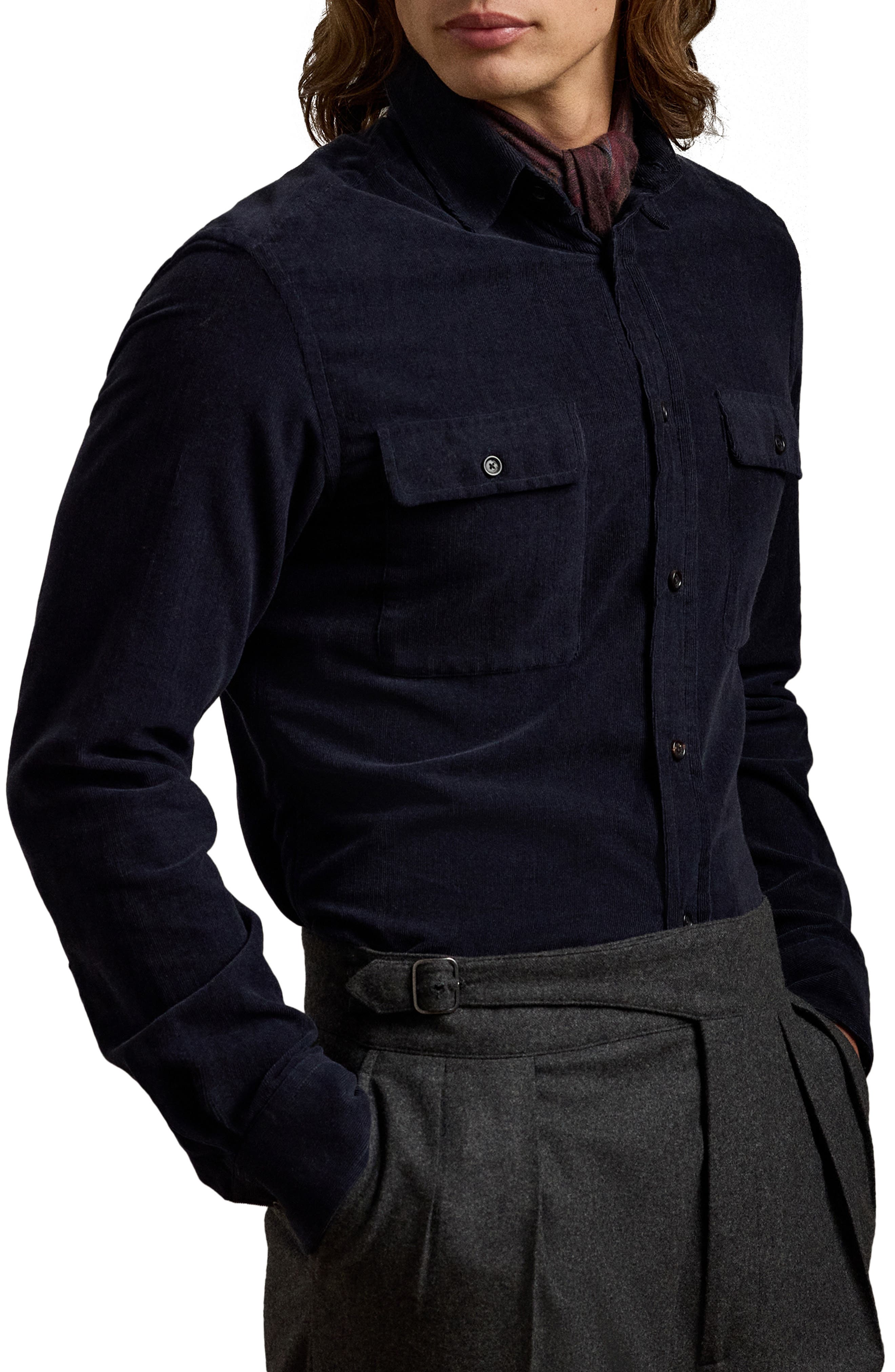 Ralph Lauren Purple Label Cotton & Cashmere Corduroy Button-Up Shirt in Navy 