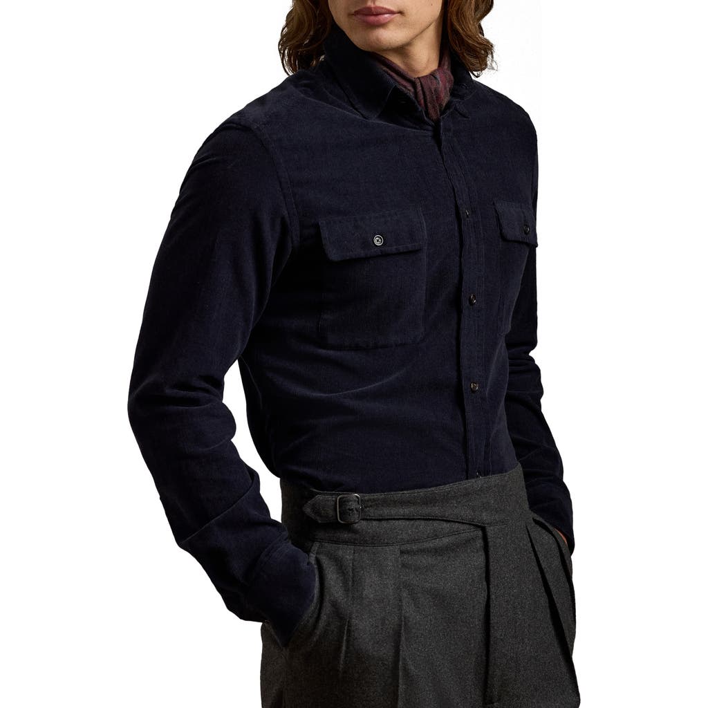 Ralph Lauren Purple Label Cotton & Cashmere Corduroy Button-Up Shirt in Navy