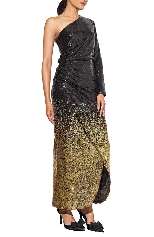 Shop Ming Wang Ombré Sequin One-shoulder Gown In Black/gold