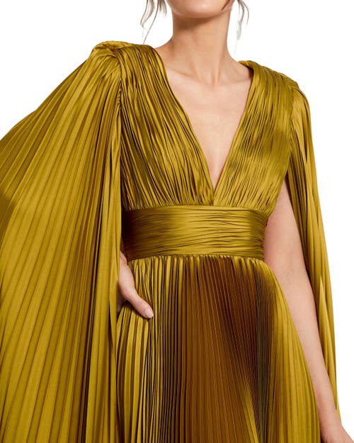 Mac Duggal Pleated Charmeuse V Neck Gown With Cape In Chartreuse