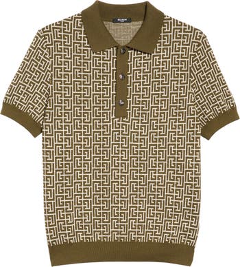 Navy Monogram-jacquard wool-blend polo shirt, Balmain