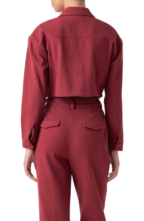 Shop English Factory Boxy Crop Utility Shirt Jacket In Burgundy