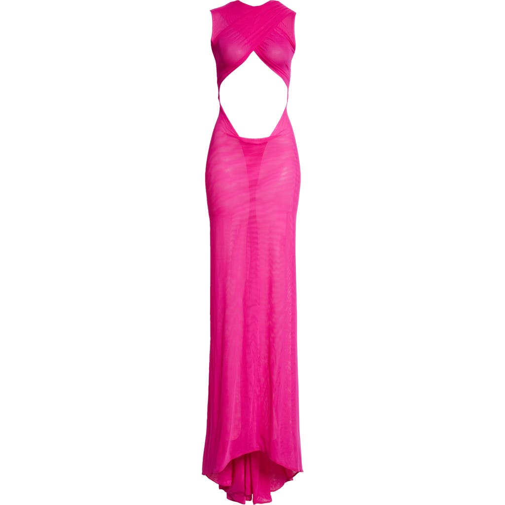 Laquan Smith Crisscross Sleeveless Sheer Mesh Gown In Fuchsia