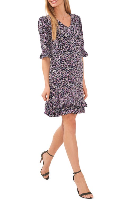 CeCe Floral Print Ruffle Knit Dress in Rich Black at Nordstrom, Size Xx-Small