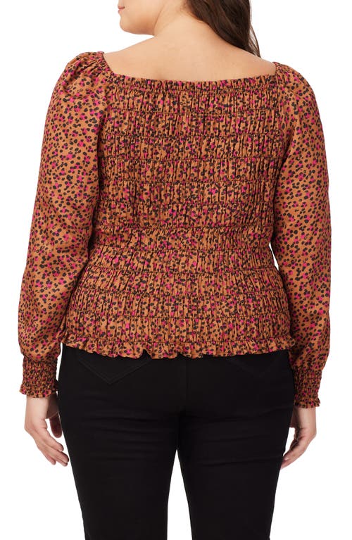 Shop Foxcroft Olivia Cheetah Print Smocked Top In Black/orange Multi