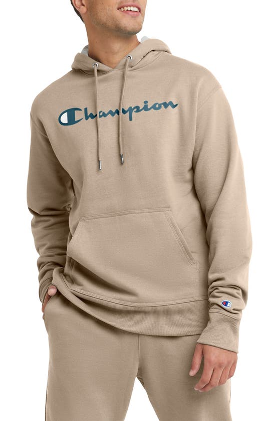 Champion Powerblend Graphic Drawstring Hoodie In Country Walnut