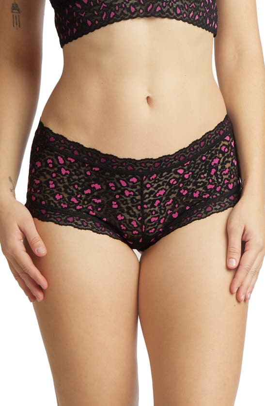 Hanky Panky X-dye Leopard Print Lace Boyshorts In Black/ Tulip Pink