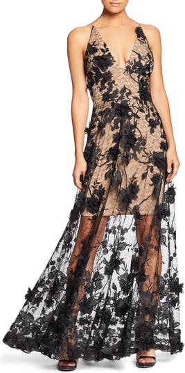 Dress the Population Sidney Deep V-Neck 3D Lace Gown | Nordstrom
