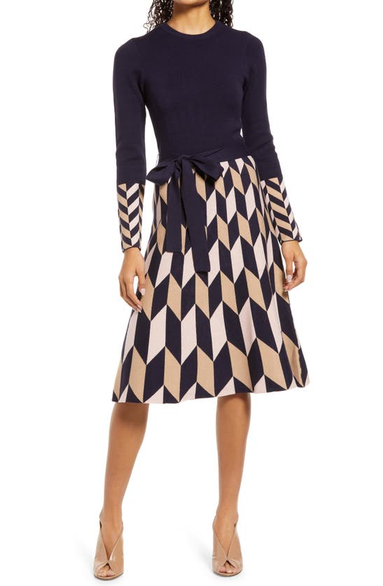 Eliza J Fit & Flare Long Sleeve Sweater Dress In Navy