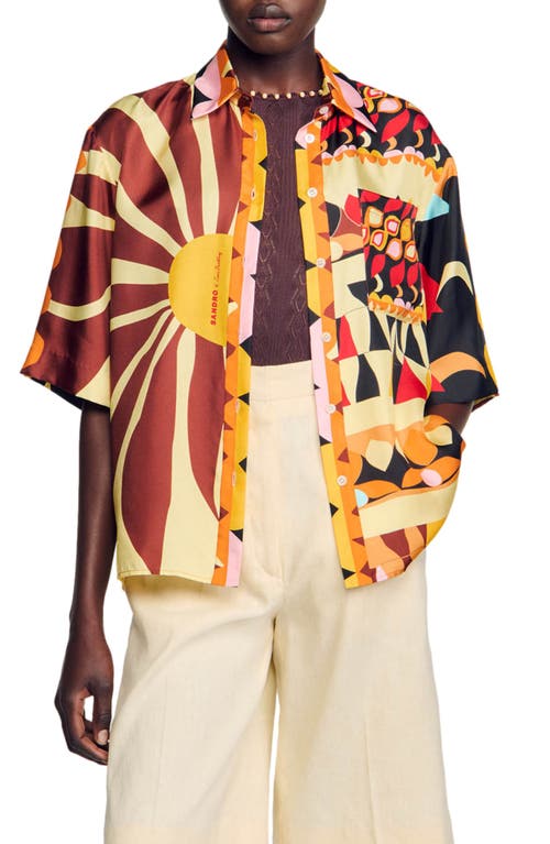 x Louis Barthélemy Abena Print Silk Button-Up Shirt in Black /Orange Multi