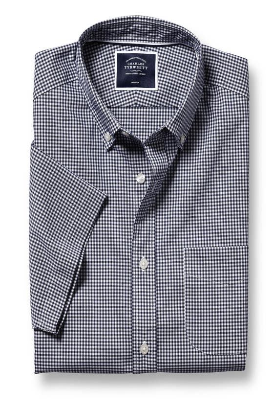 Shop Charles Tyrwhitt Slim Fit Button-down Collar Non-iron Stretch Mini Gingham Short Sleeve Shirt In French Blue