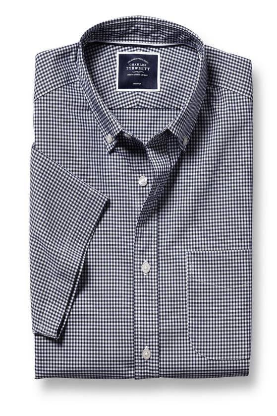 CHARLES TYRWHITT CHARLES TYRWHITT SLIM FIT BUTTON-DOWN COLLAR NON-IRON STRETCH MINI GINGHAM SHORT SLEEVE SHIRT