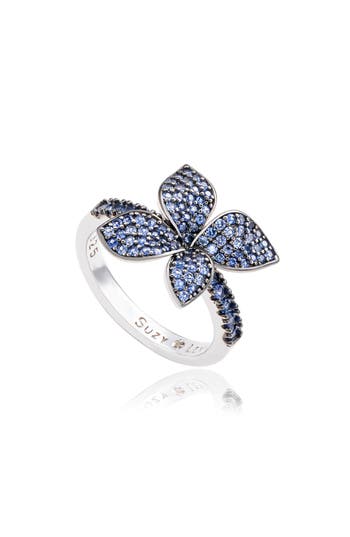Suzy Levian Sterling Silver Pavé Blue Sapphire Flower Ring In Blue