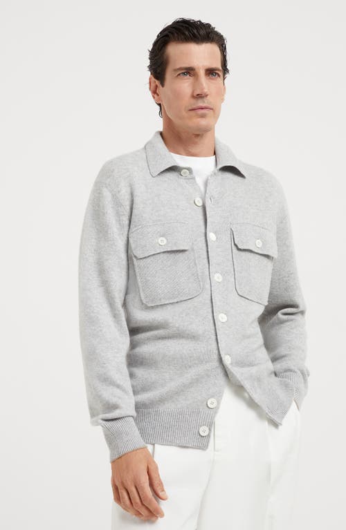 Shop Brunello Cucinelli Cashmere Shirt-style Cardigan With Chest Pockets In Pebble