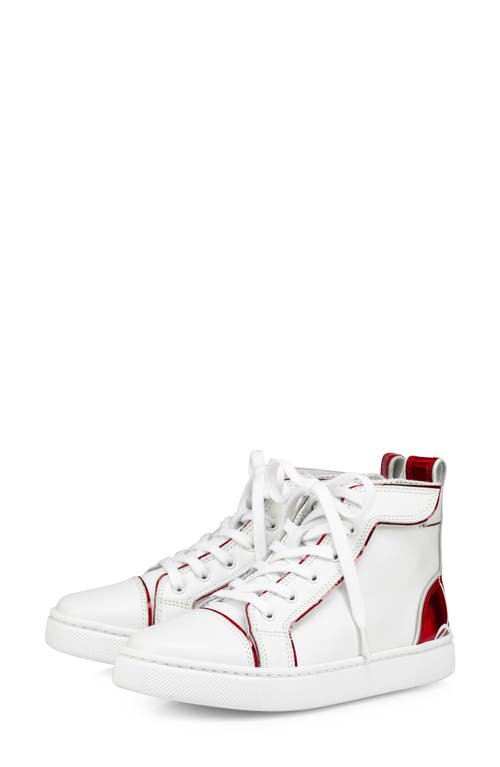 Shop Christian Louboutin Kids' Funnyto High Top Calfskin & Patent Leather Sneaker In Bianco/loubi