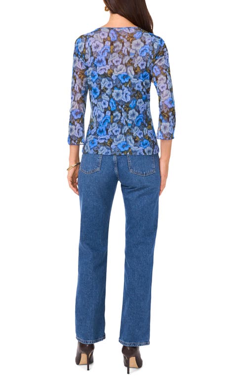 Shop Vince Camuto Floral Exposed Seam Mesh Top In Royal Azure