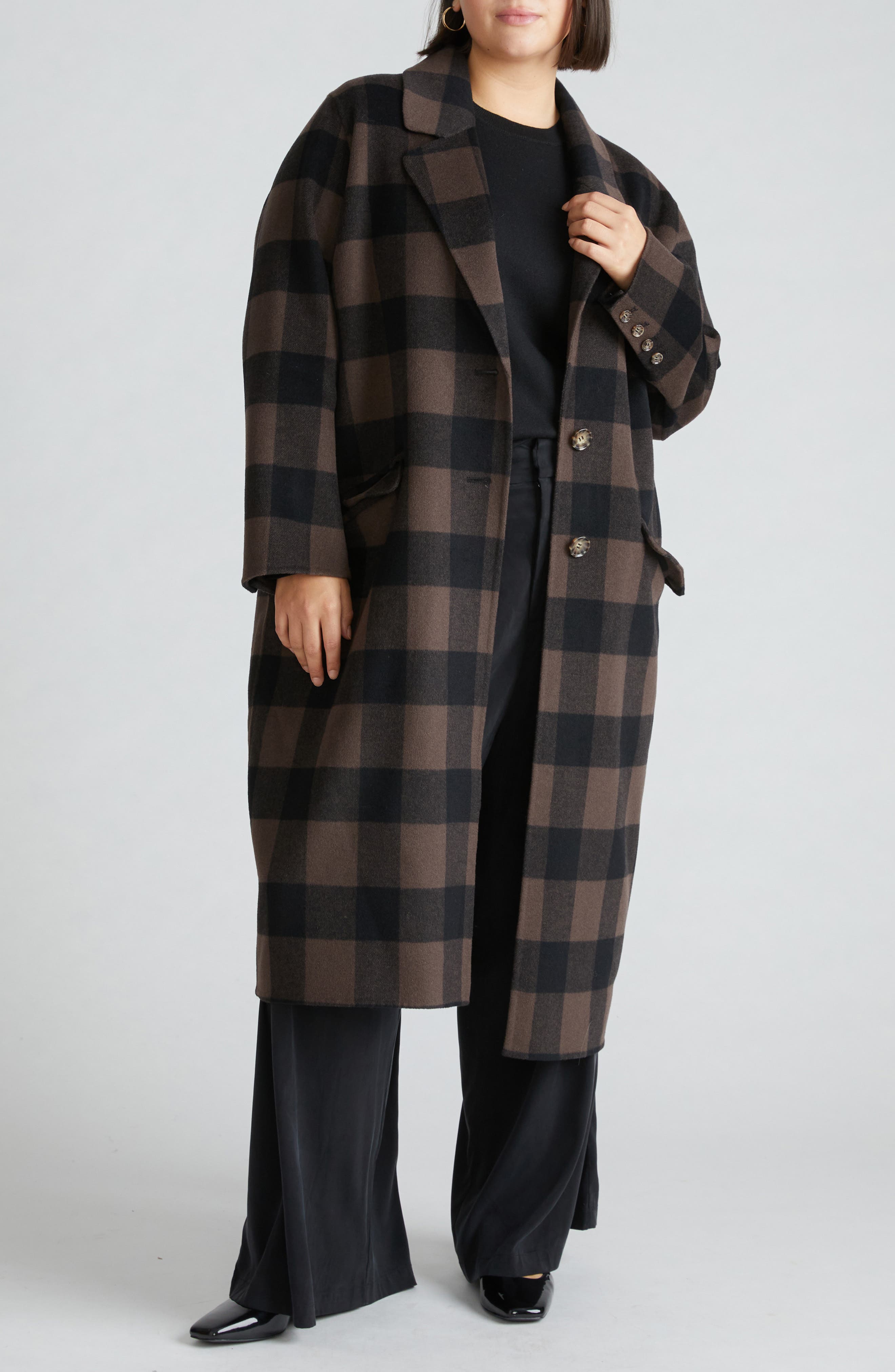 Universal Standard Belted Wool Blend Double Face Long Coat in Earth Plaid 