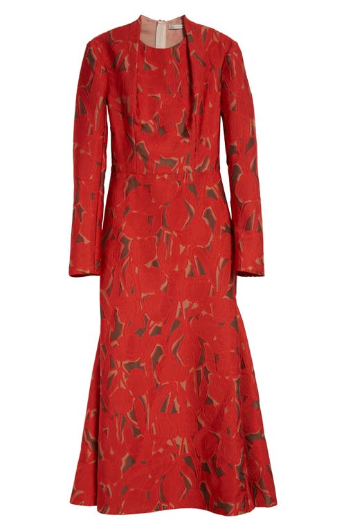 Shop Emilia Wickstead Seneca Burnout Floral Jacquard Long Sleeve Fit & Flare Dress In Red On Beige