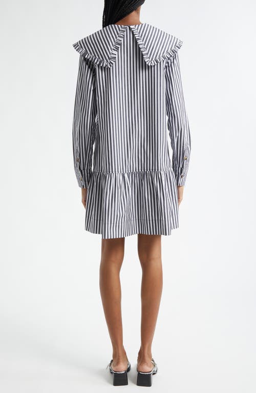Shop Ganni Stripe Collar Long Sleeve Organic Cotton Shift Dress In Black