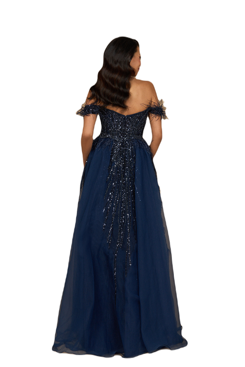 Shop Lara New York Off Shoulder Gown With Feathers In Navy