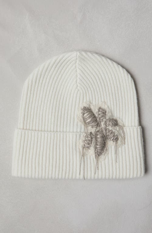 Shop Brunello Cucinelli Cashmere Rib Knit Beanie With Precious Flower Crest In White