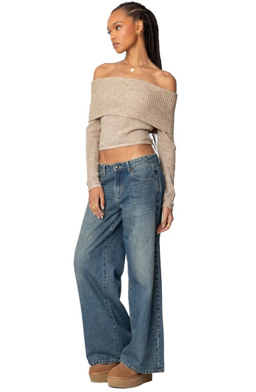 Shop Edikted Lili Rib Off The Shoulder Crop Sweater In Beige