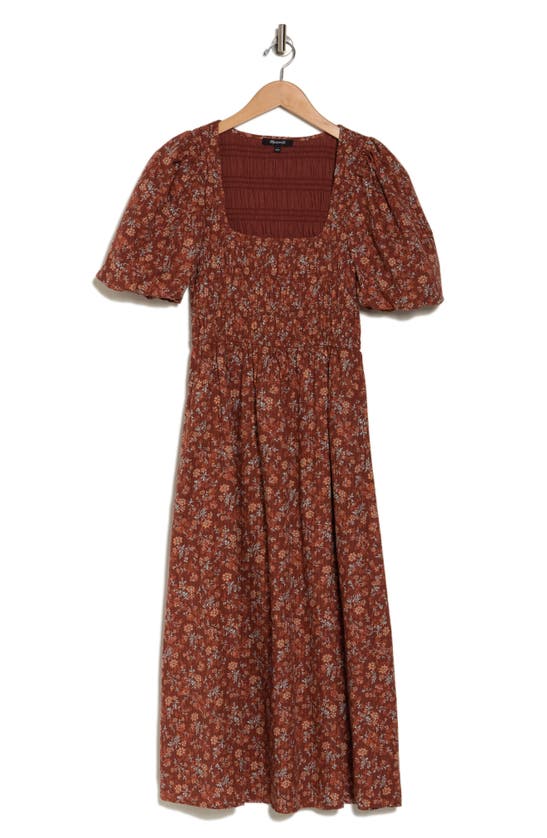 Madewell Harper Floral Print Smocked Cotton Midi Dress In Stained Mahogany