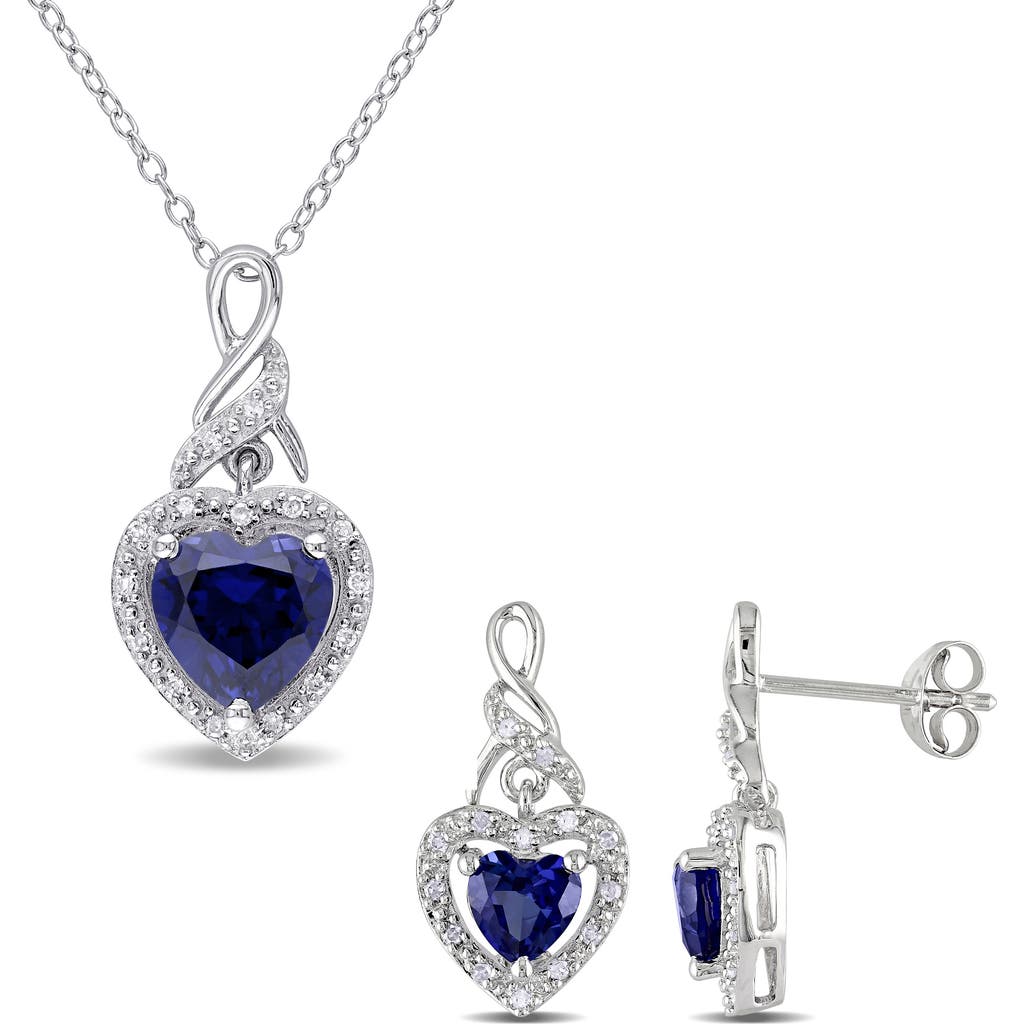 Delmar Lab-grown Blue Sapphire & Diamond Drop Earrings & Necklace Set In Blue