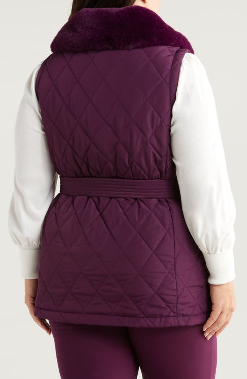 Shop Anne Klein Belted Quilted Faux Fur Collar Vest In Deep Plum