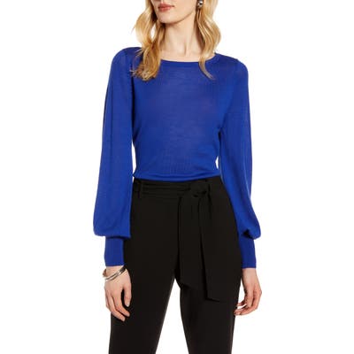 Halogen Bishop Sleeve Merino Wool Blend Sweater, Blue