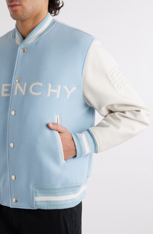 Shop Givenchy Embroidered Logo Mixed Media Leather & Wool Blend Varsity Jacket In White/sky Blue