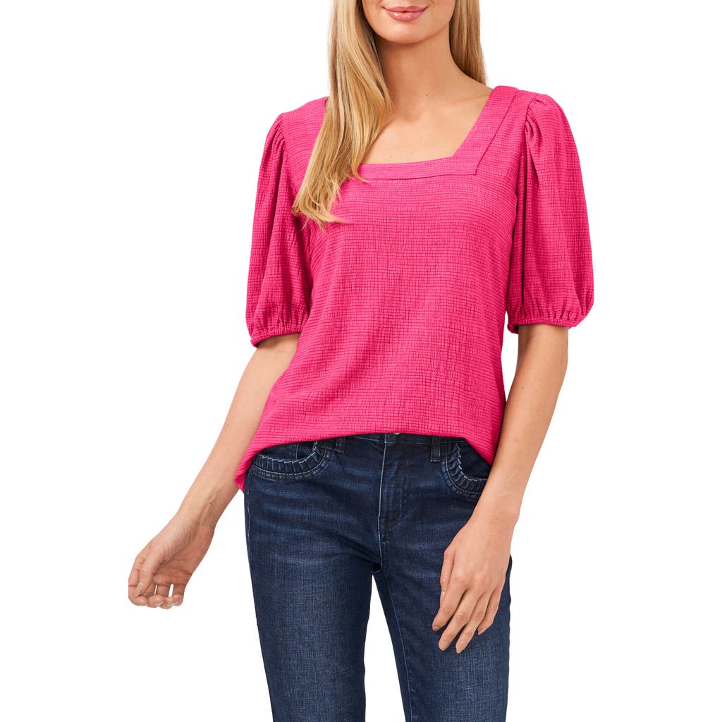 Cece Puff Sleeve Square Neck Top In Bright Rose Pink
