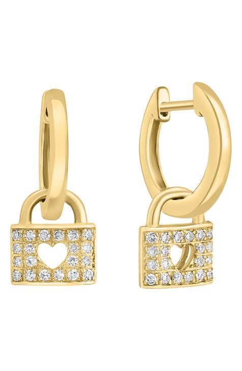 14K Yellow Gold Pavé Diamond Lock Charm Huggie Hoop Earrings - 0.15ct.