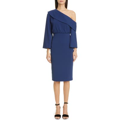 Badgley Mischka Asymmetrical Shoulder Long Sleeve Cocktail Dress, Blue