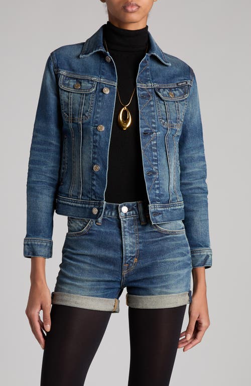 Shop Tom Ford Comfort Crop Stonewash Denim Jacket In Mid Blue