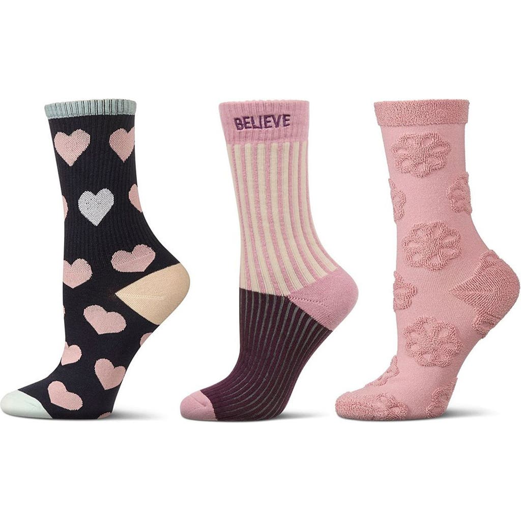 Memoi Assorted 3-pack Crew Socks In Pink