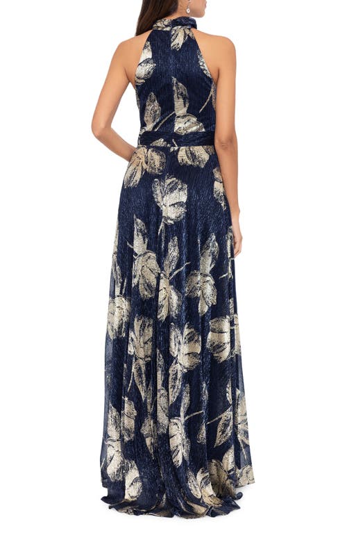 Shop Betsy & Adam Foil Print Sleeveless Gown In Navy/gold