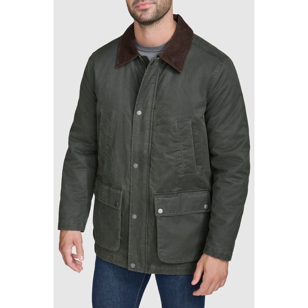 Cole Haan Men's Corduroy-shirt-collar Waxed Rain Jacket In Army Green