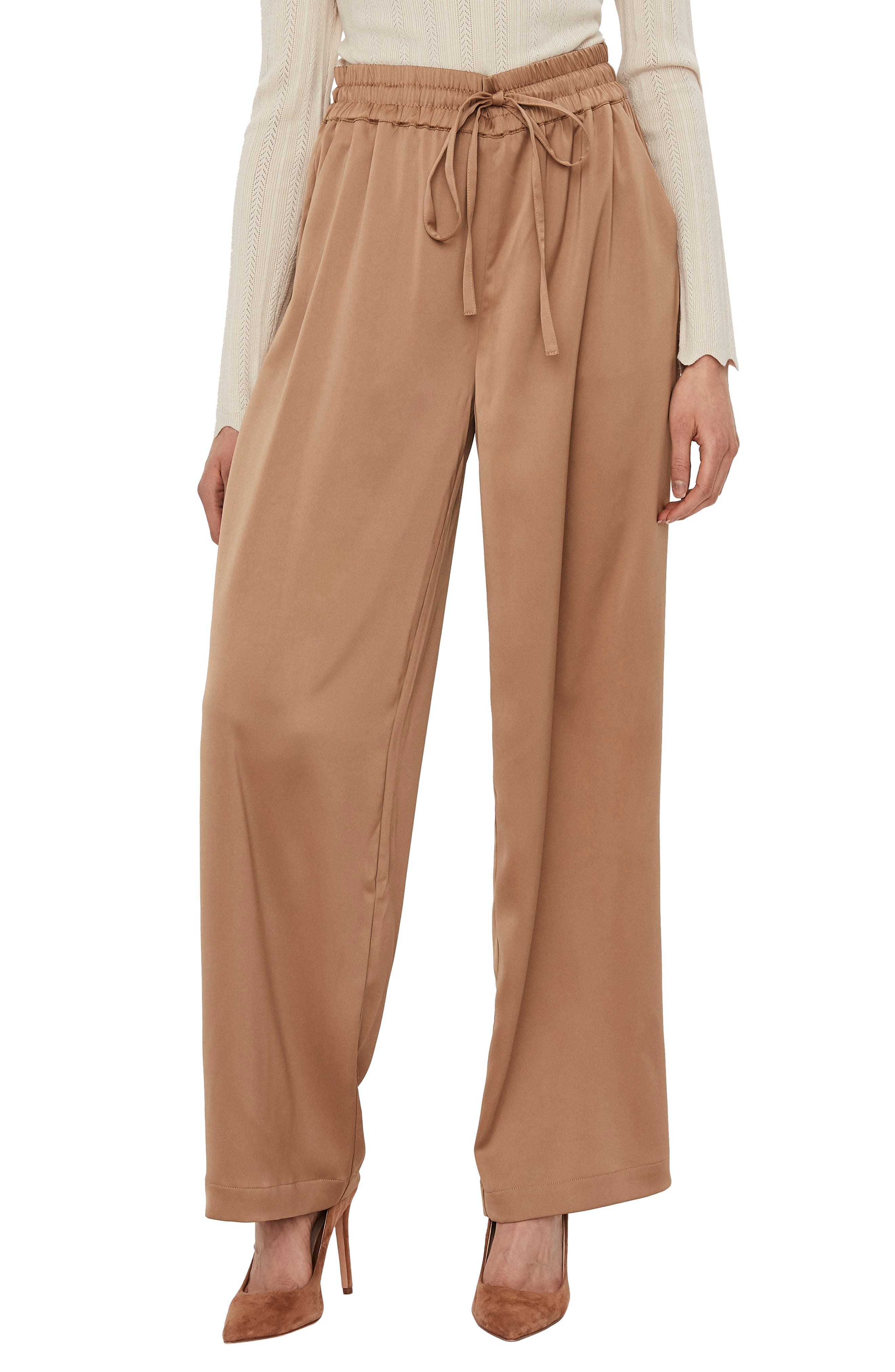 Aware By Vero Moda Onna High Waist Wide Leg Satin Drawstring Pants In  Tigers Eye | ModeSens