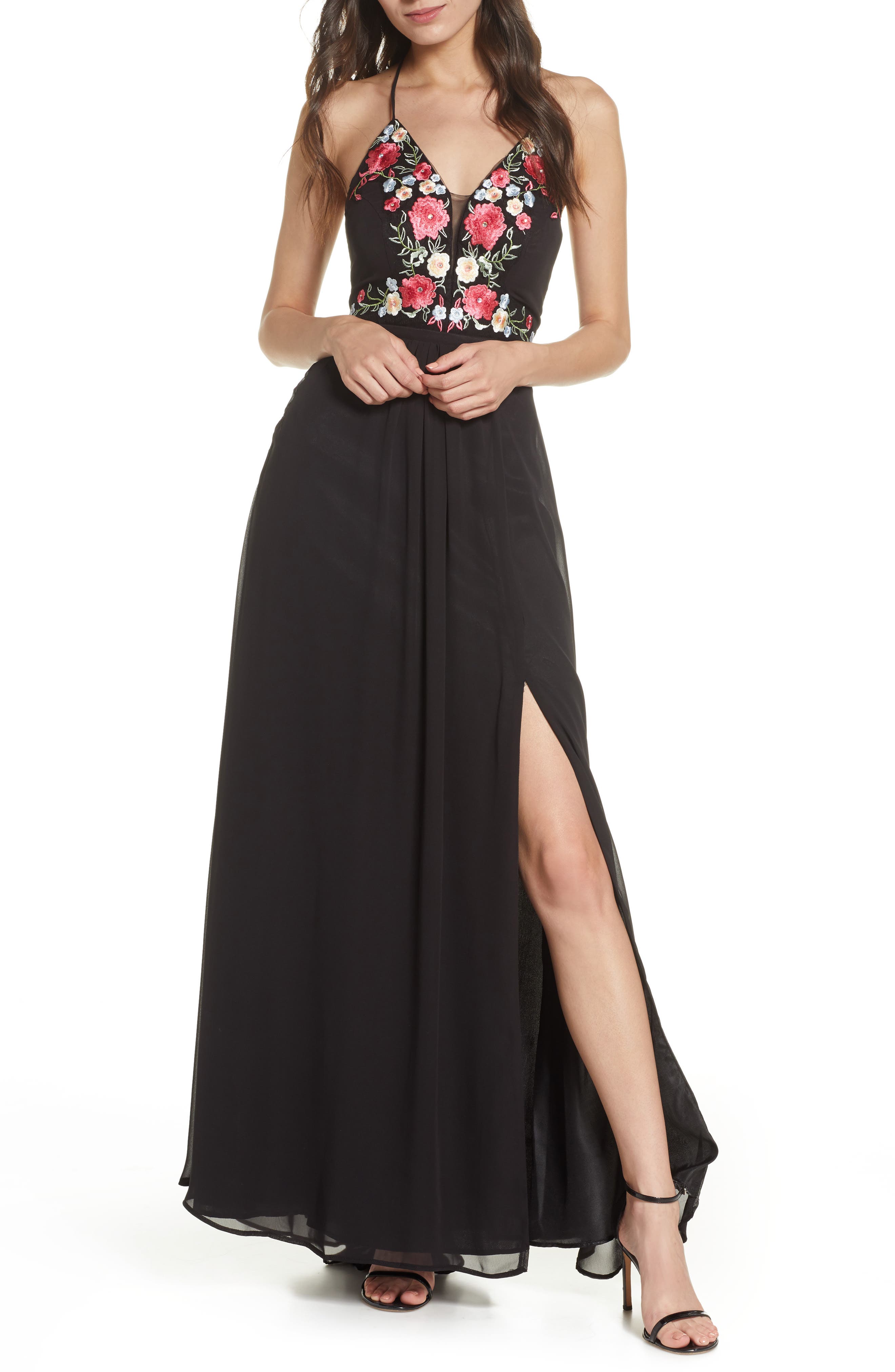 morgan & co embroidered mesh evening dress