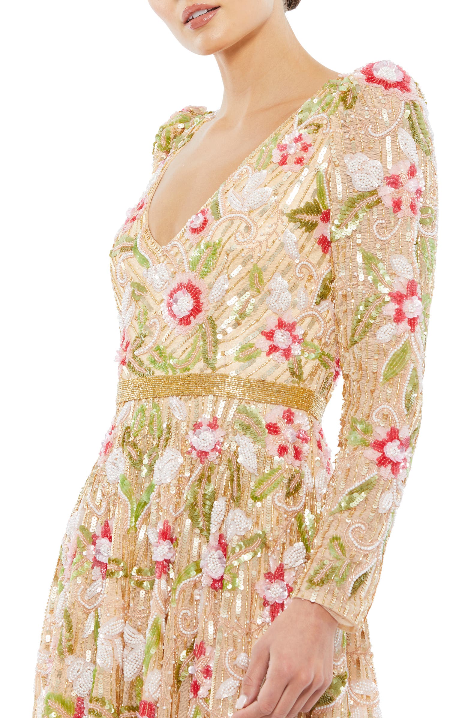 Mac Duggal Floral Sequin Long Sleeve Midi Dress | Nordstrom